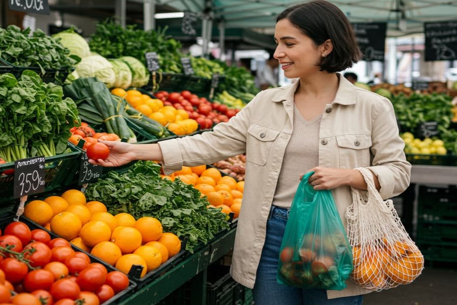 Pessoa sorridente escolhendo frutas e verduras frescas em uma banca de feira, com cores vibrantes e uma bolsa reutilizável, sob luz natural.