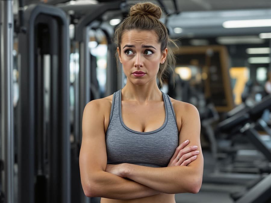 Pessoa com expressão pensativa olhando equipamentos em uma academia, representando a dúvida sobre qual exercício fazer.