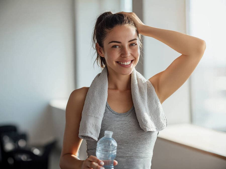 Melhor exercício para queimar gordura. Pessoa sorrindo e com expressão de bem-estar, com elementos sutis representando diferentes hábitos saudáveis como exercício e boa alimentação, simbolizando uma vida equilibrada.