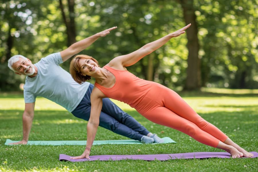 Duas pessoas de idades diferentes sorrindo enquanto praticam Mat Pilates em um parque ou estúdio, em um exercício simples, com luz natural e ambiente acolhedor.