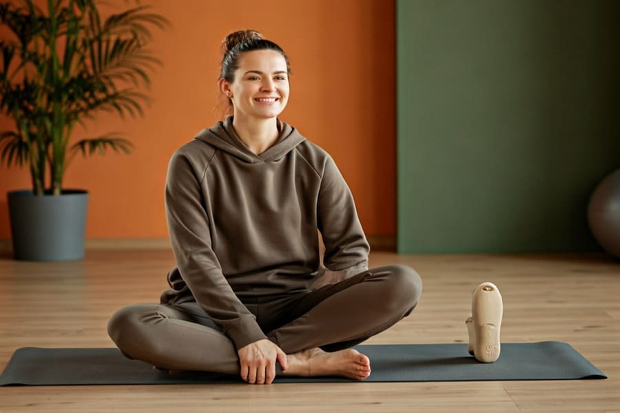 Pessoa sorridente em uma pose relaxada após uma aula de Pilates, em um estúdio ou ao ar livre ao pôr do sol, com luz dourada e ambiente tranquilo.