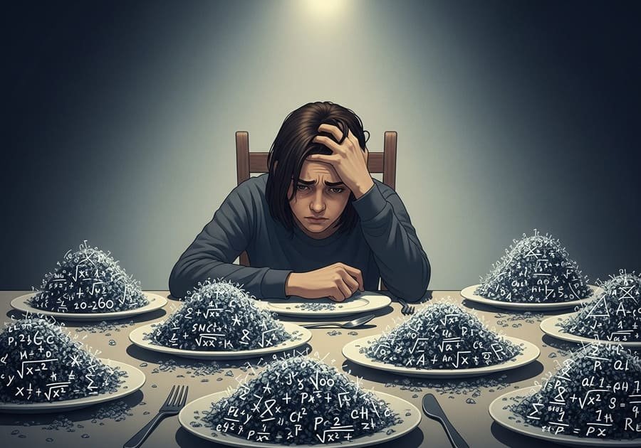Pessoa ansiosa em uma mesa com pratos cheios de fórmulas matemáticas no lugar de comida.