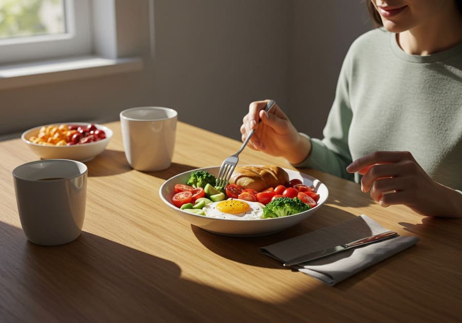 Nutricionismo e saúde mental. Pessoa sorrindo serenamente enquanto aprecia uma refeição equilibrada em uma mesa iluminada por luz natural.