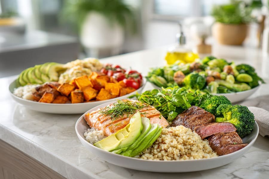 Imagem de três pratos de comida em uma bancada de cozinha moderna, cada um adaptado a um biotipo: um prato calórico para ectomorfos com arroz e abacate, um prato equilibrado para mesomorfos com salmão e quinoa, e um prato rico em vegetais para endomorfos com salada e carne magra.