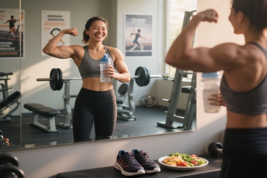 Imagem de uma pessoa sorridente em frente a um espelho em uma academia, flexionando os músculos com confiança, com um fundo que mostra pesos, tênis de corrida e uma refeição saudável, simbolizando a jornada fitness.