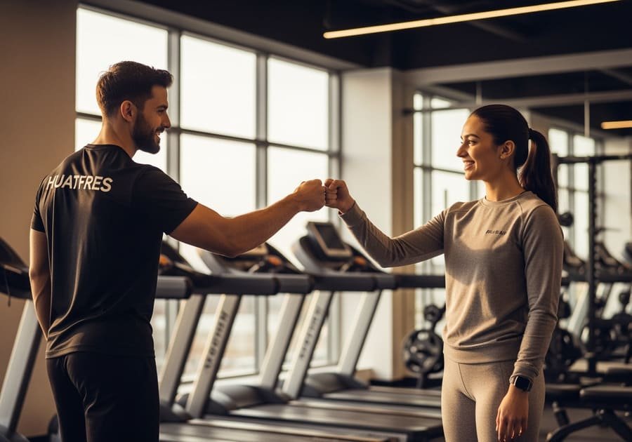 Personal trainer cumprimentando aluno com um soquinho antes do treino, simbolizando parceria e motivação.