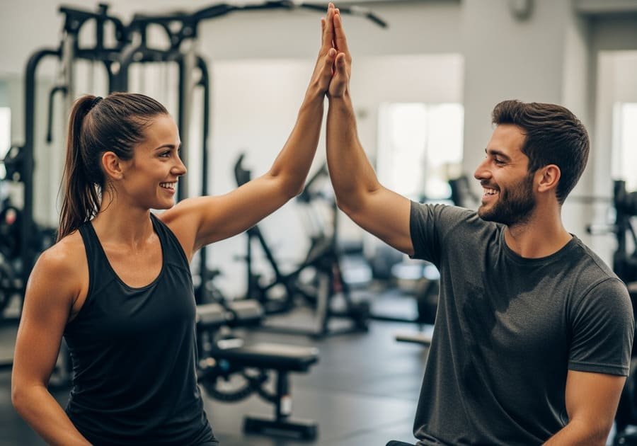 Personal trainer e aluno comemorando com um high five após o treino, demonstrando satisfação e superação.