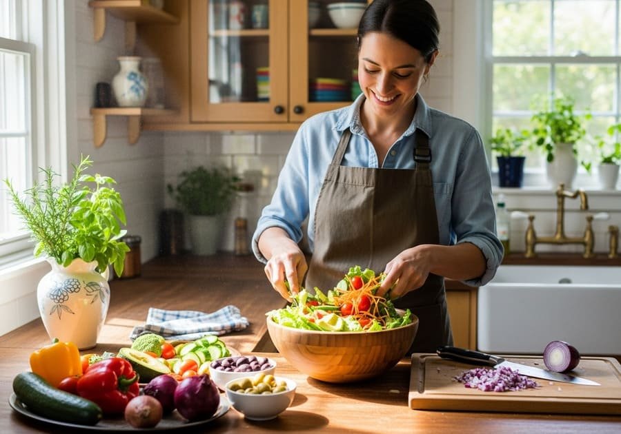 Pessoa preparando uma salada colorida em uma cozinha iluminada, destacando escolhas alimentares saudáveis com prazer.