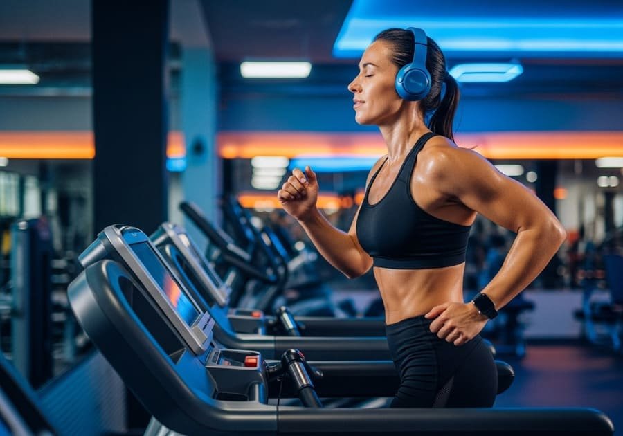 Pessoa treinando com fones de ouvido, imersa na música enquanto se exercita na academia.