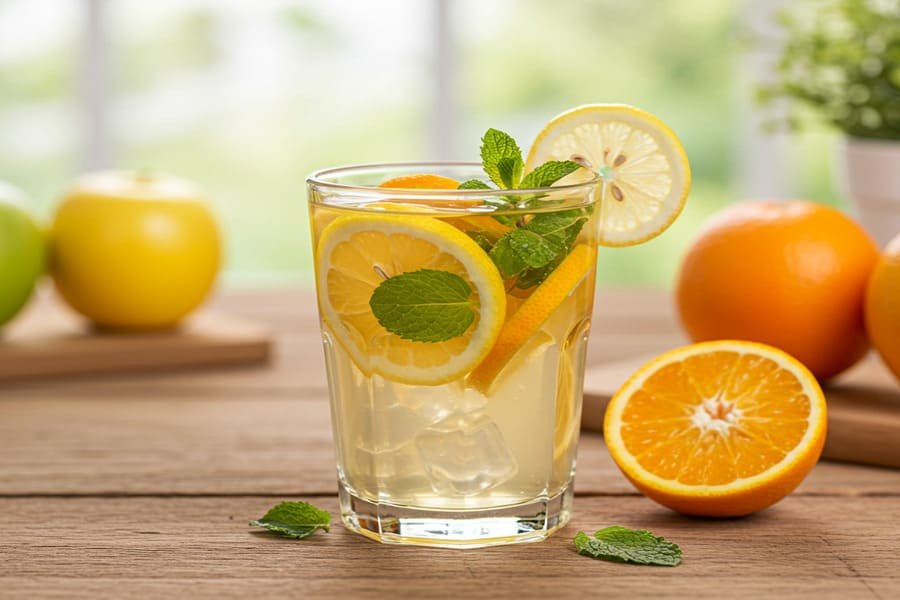 Copo de água com rodelas de limão, laranja e hortelã sobre uma mesa de madeira, com frutas frescas ao fundo, em um ambiente claro com luz natural.