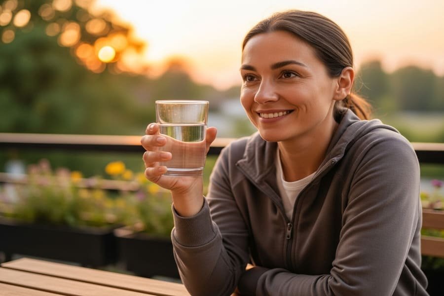 Pessoa sorridente segurando um copo de água após uma atividade leve, em uma varanda ou parque ao pôr do sol, com luz dourada e ambiente tranquilo.