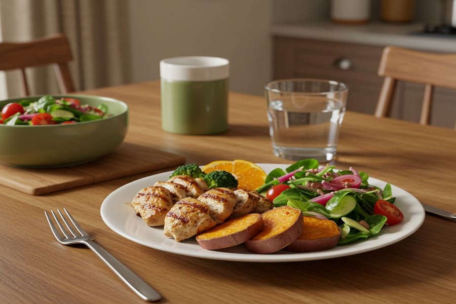 Prato caseiro com frango grelhado, batata-doce e salada colorida em uma mesa de madeira, com luz natural e um ambiente acolhedor de cozinha.