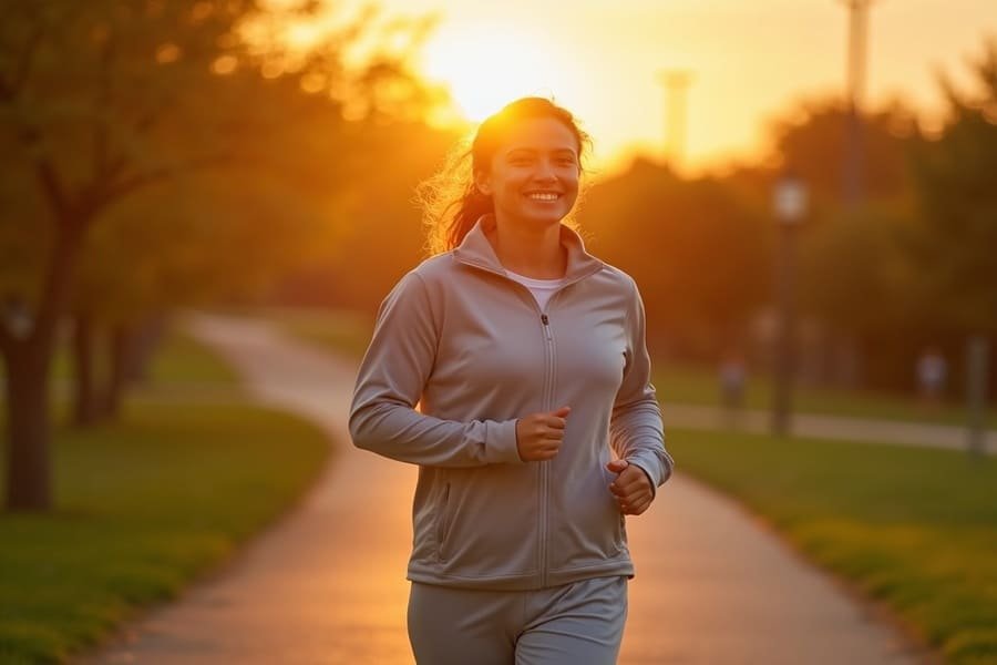Recuperação pós-treino. Pessoa sorridente fazendo um alongamento leve ou caminhando em um parque ao pôr do sol, com roupas confortáveis e luz dourada, em um ambiente tranquilo.