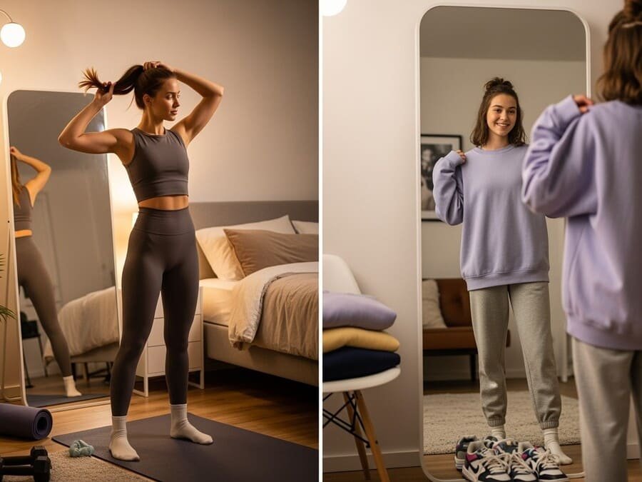 Mulher Millennial experimentando look justo de academia e jovem da Geração Z optando por roupas largas, ambas se olhando no espelho e expressando seus estilos.