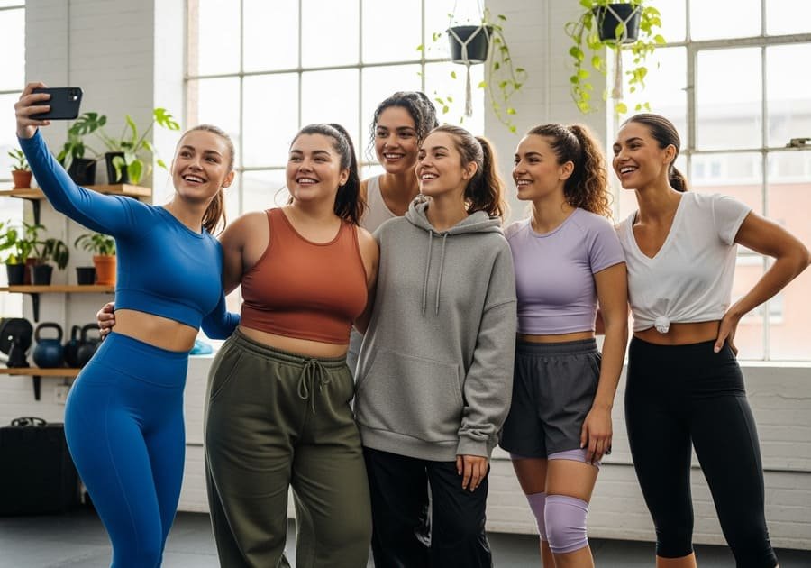 Mulher Millennial experimentando look justo de academia e jovem da Geração Z optando por roupas largas, ambas se olhando no espelho e expressando seus estilos.