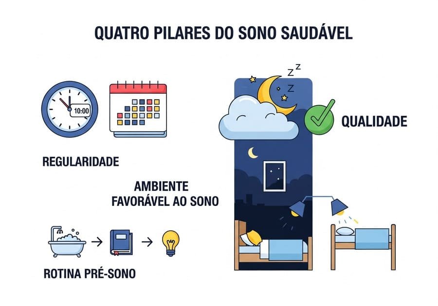 Infográfico mostrando os quatro pilares do sono saudável: regularidade, qualidade, ambiente ideal e rotina antes de dormir.
