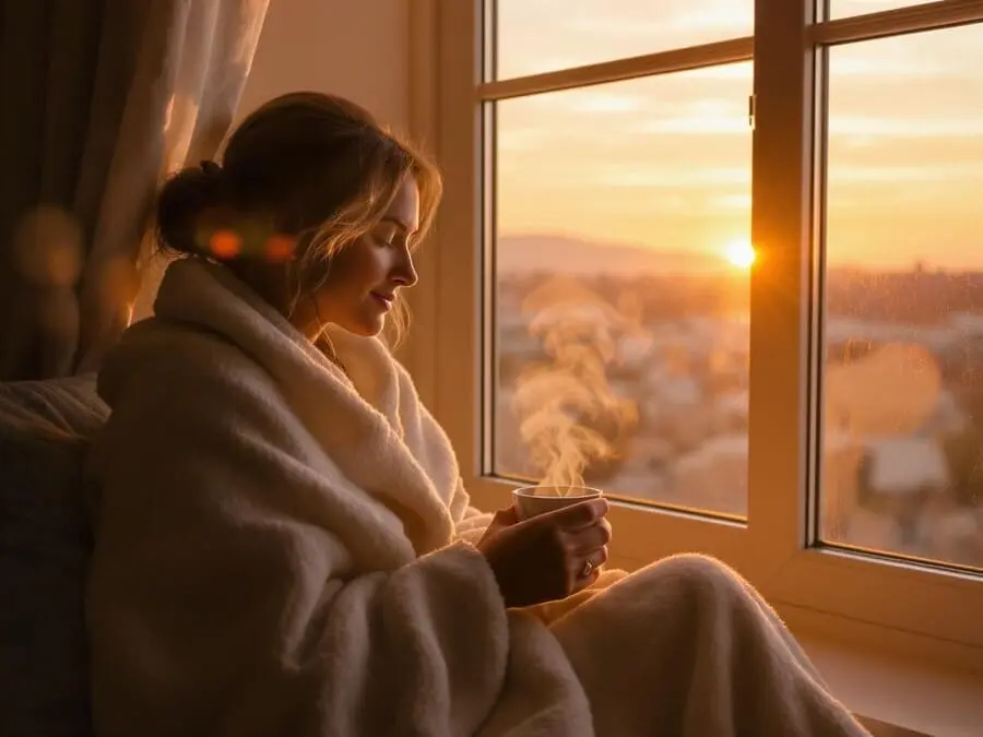 Uma mulher sentada à janela, enrolada em um cobertor branco, segurando uma xícara fumegante, enquanto observa o pôr do sol alaranjado sobre uma paisagem urbana ao fundo, com uma expressão serena e reflexiva.