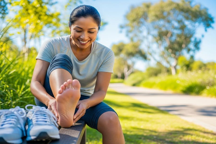 Pessoa sorridente examinando os pés descalços em um banco de parque ensolarado, após tirar os tênis, com roupas esportivas e fundo verdejante sob luz natural.