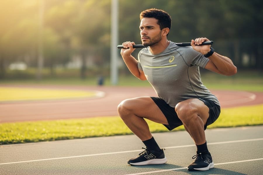 Homem com roupa de corrida fazendo um agachamento com o peso do corpo em um parque, com uma pista de atletismo ao fundo, durante o nascer do sol.