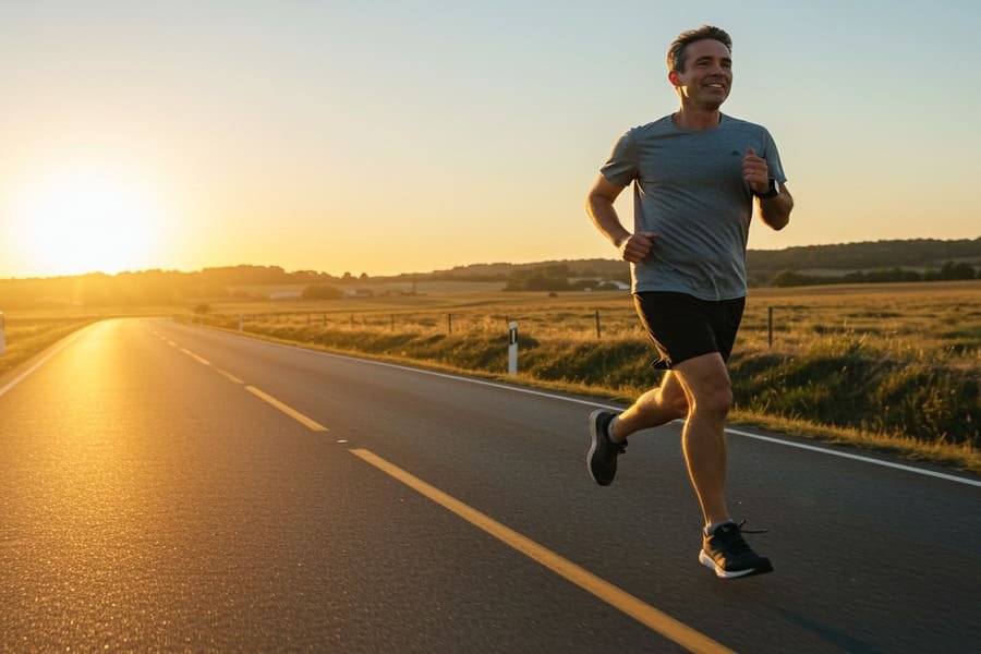 Corredor(a) em movimento em uma estrada bonita ao nascer do sol, com uma expressão de felicidade e satisfação, representando uma corrida sem dor.