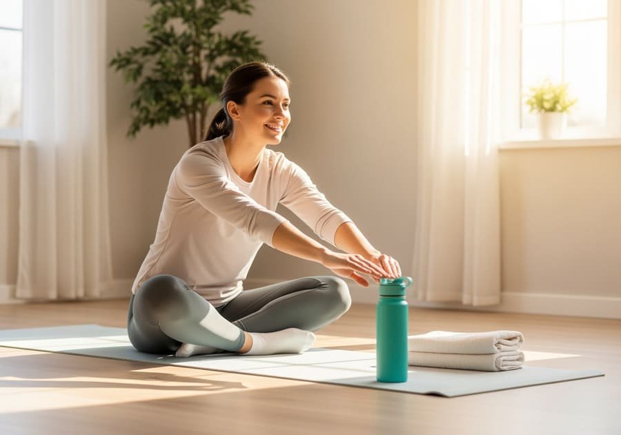 Mulher sentada em tapete de yoga após treino, sorrindo e relaxando em ambiente iluminado e tranquilo.