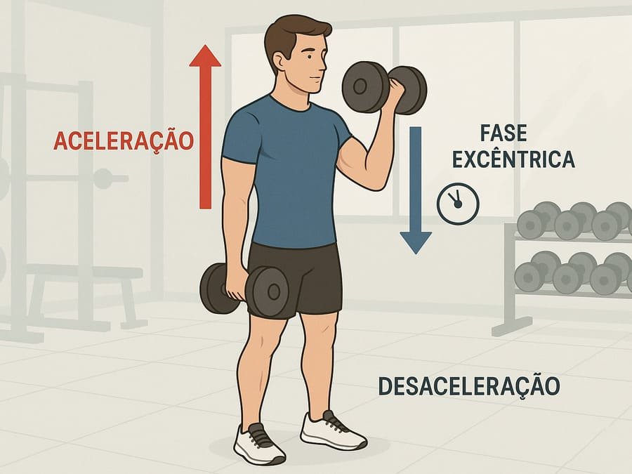 velocidade de execução dos exercícios - Ilustração de pessoa fazendo rosca bíceps com setas mostrando a fase rápida de subida e a fase controlada de descida do exercício.