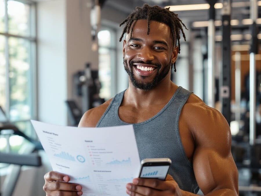 Velocidade de execução dos exercícios. Pessoa satisfeita após treino, segurando ficha ou celular com gráfico de progresso, em ambiente de academia.