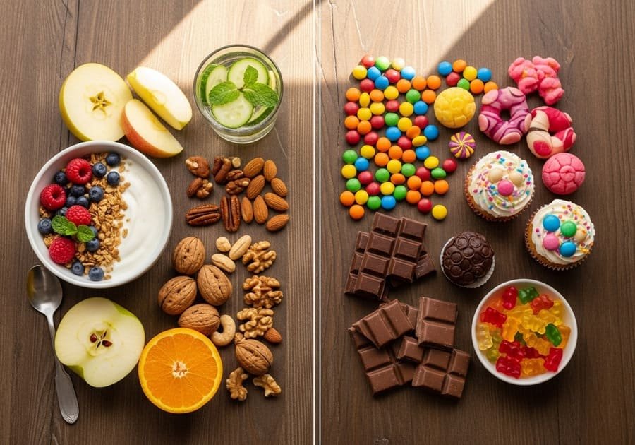 Mesa vista de cima com frutas e nozes de um lado e doces coloridos do outro, simbolizando equilíbrio nas escolhas.