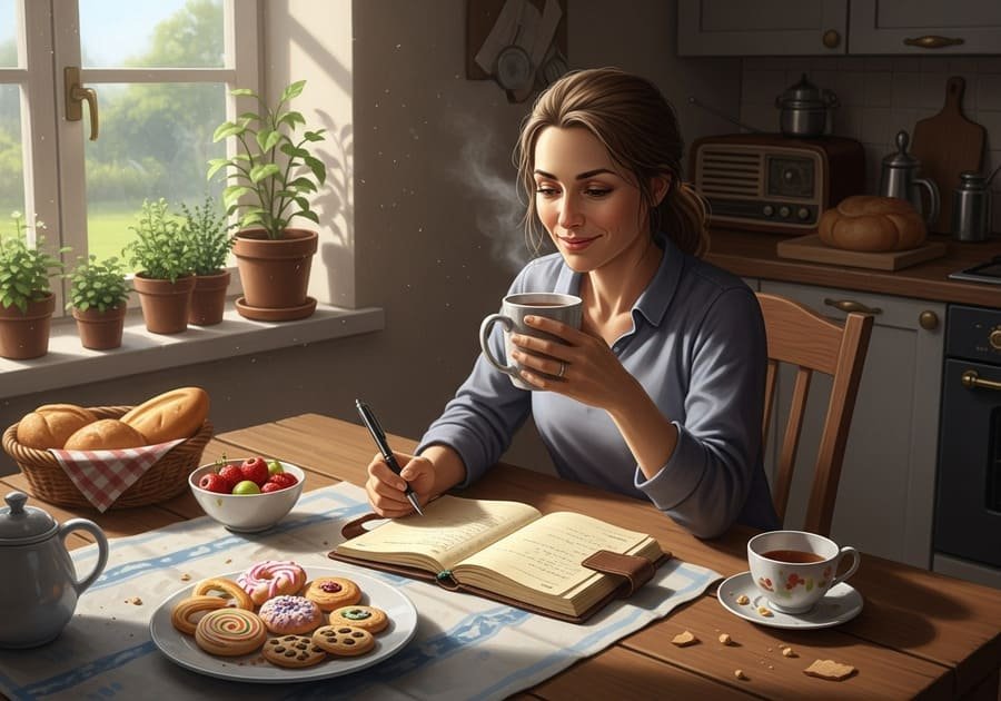 Mulher sentada à mesa, tomando chá e escrevendo em um caderno, com doces ao lado não consumidos.