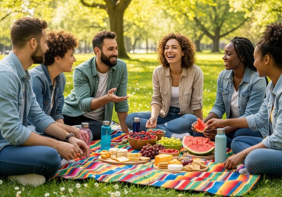 Grupo de amigos diversos em um piquenique, compartilhando frutas e lanches saudáveis.