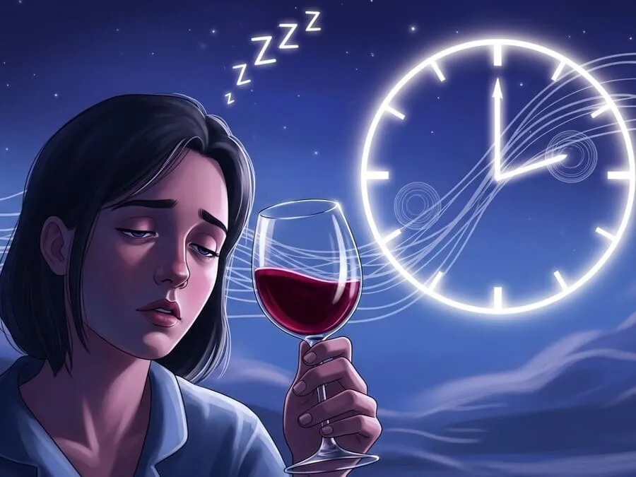Pessoa segurando uma taça de vinho, com expressão sonolenta, ilustrando como o álcool afeta a qualidade do sono.