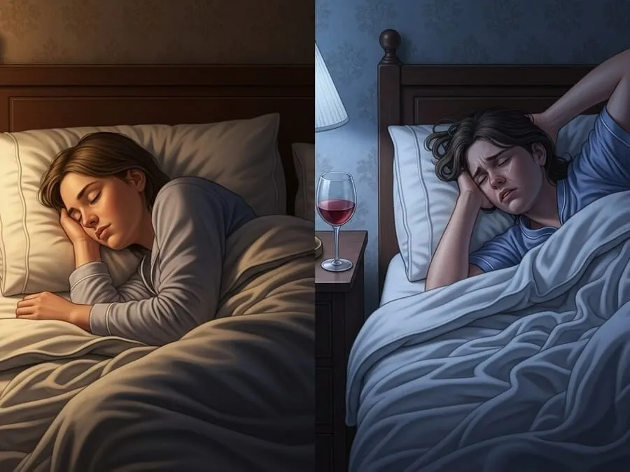 Ilustração dividida mostrando uma pessoa dormindo profundamente e a mesma pessoa acordando várias vezes devido ao efeito do álcool no sono.