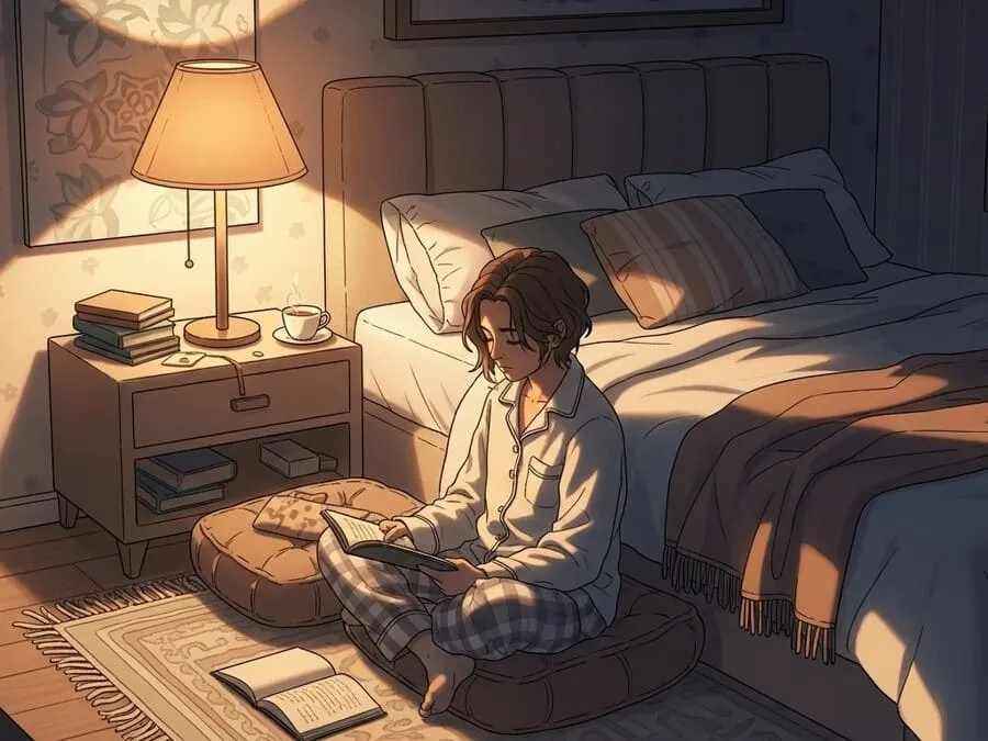 Pessoa em pijama relaxando ao lado da cama, ilustrando hábitos noturnos saudáveis sem álcool para melhorar o sono.