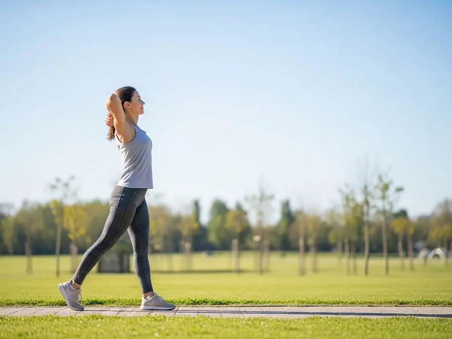Mulher caminhando em um parque com postura ereta, ombros para trás e braços balançando naturalmente.