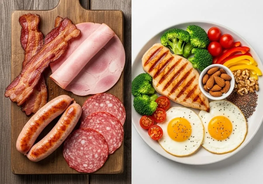 À esquerda, carnes processadas como bacon e salsicha; à direita, refeição saudável com frango, ovos, legumes e nozes.