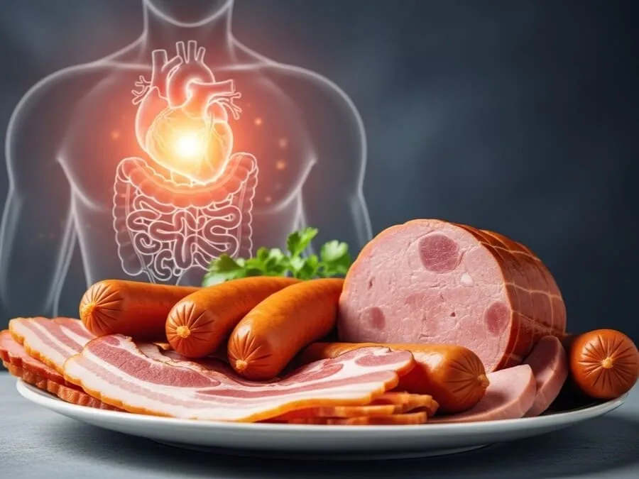 Imagem mostrando uma bandeja com carnes processadas, como salsichas, presunto e mortadela, em primeiro plano. Ao fundo, um esquema do corpo humano com o coração e o intestino destacados em tons avermelhados, indicando possíveis impactos à saúde cardiovascular e digestiva.