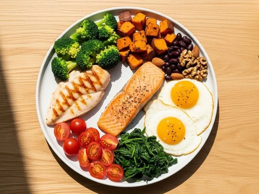 Prato branco com uma refeição balanceada composta por peito de frango grelhado, filé de salmão temperado, dois ovos fritos, brócolis, espinafre cozido, tomates cereja fatiados, cubos de batata-doce assada, feijão preto e nozes. O prato está sobre uma superfície de madeira clara, iluminado por luz natural.