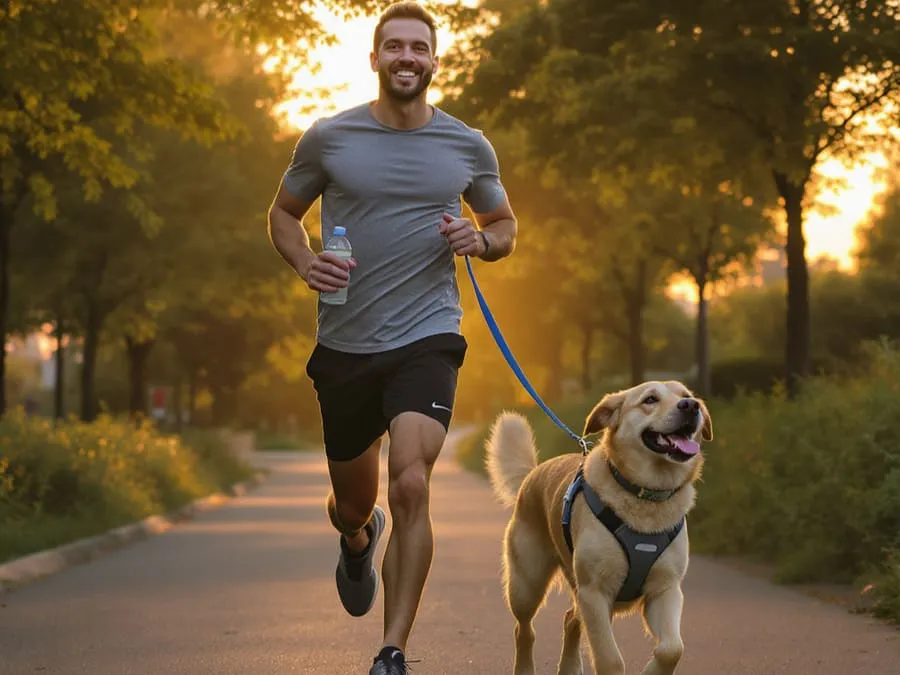 Fotografia de um corredor e um cão correndo em uma trilha urbana ao amanhecer, com o corredor usando roupas de corrida e o cão com coleira acolchoada, árvores verdes e céu alaranjado ao fundo