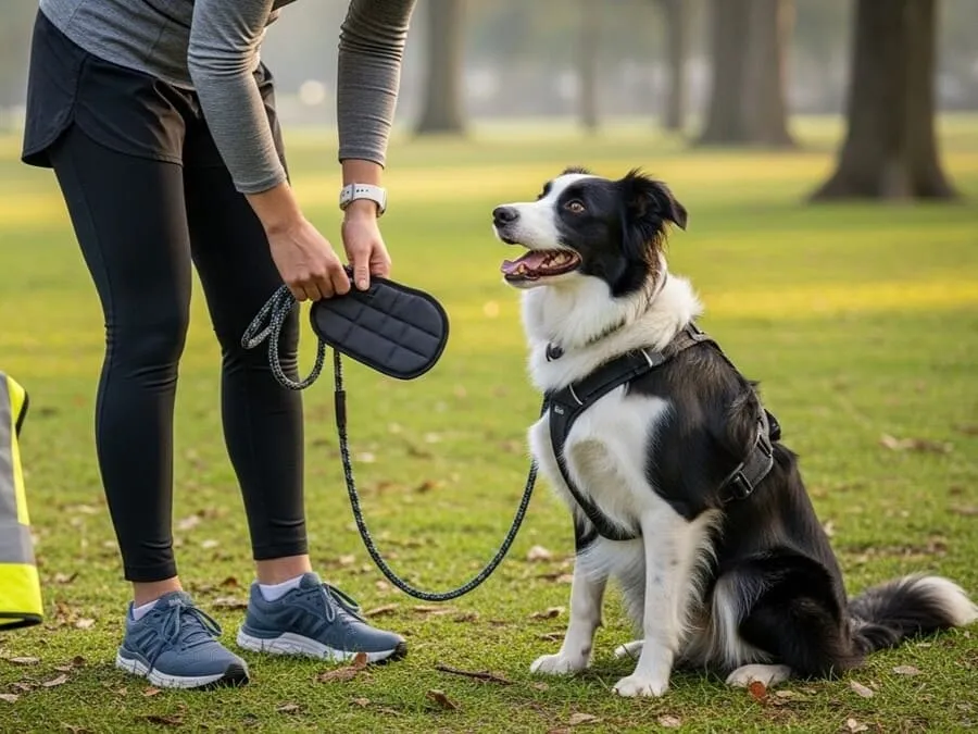 Fotografia de um corredor ajustando uma coleira acolchoada em seu cão em um parque, com tênis de corrida, guia com amortecimento, garrafa de água e colete refletivo ao lado, com grama e árvores ao fundo.