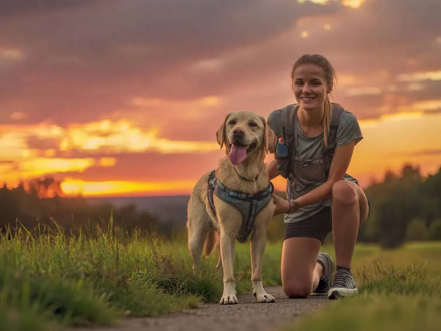 Correr com cachorro Fotografia de um corredor e seu cão em um campo ao entardecer, com o corredor sorrindo, acariciando o cão com coleira de corrida, céu laranja e grama verde ao fundo.