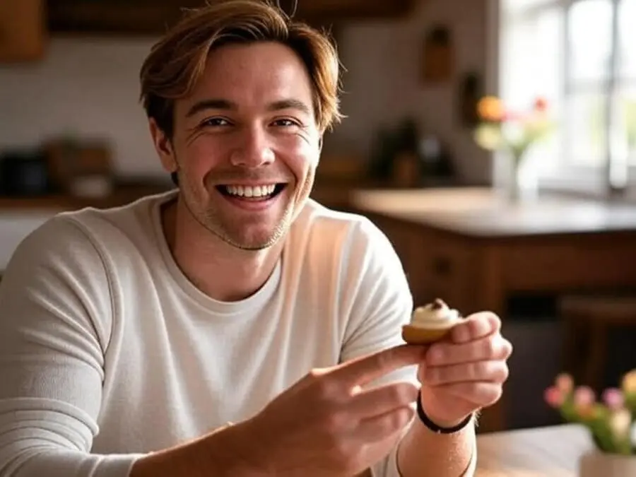 Pessoa sorridente segurando uma pequena sobremesa na cozinha após a refeição.