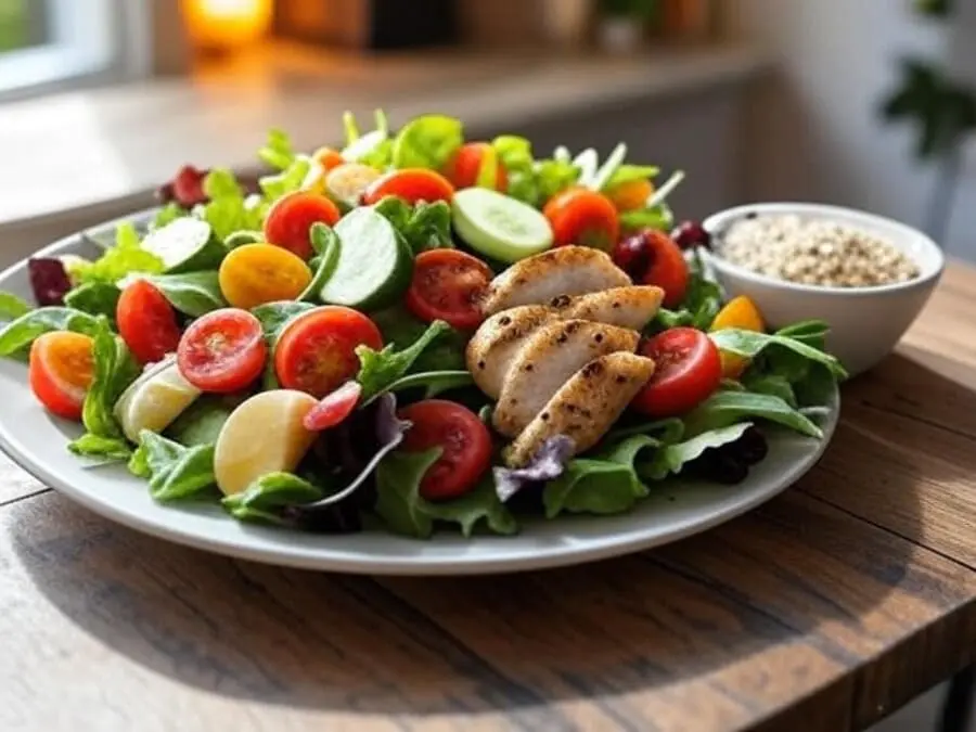 Prato saudável com vegetais, proteína magra, grãos integrais e uma pequena sobremesa.