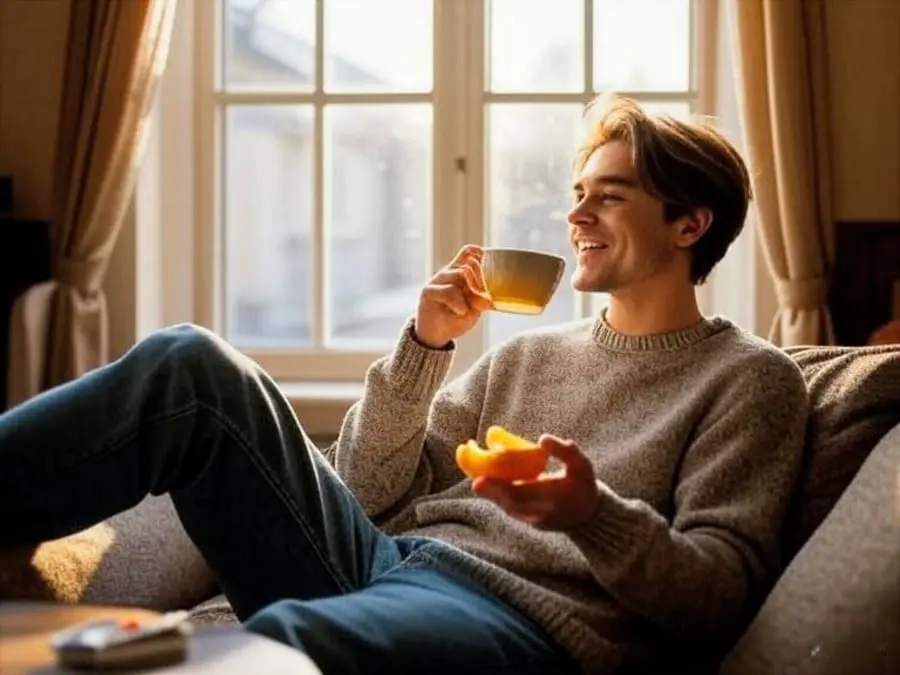 desejo por doces após as refeições. Pessoa relaxando na sala com uma xícara de chá e uma fruta em um dia ensolarado.