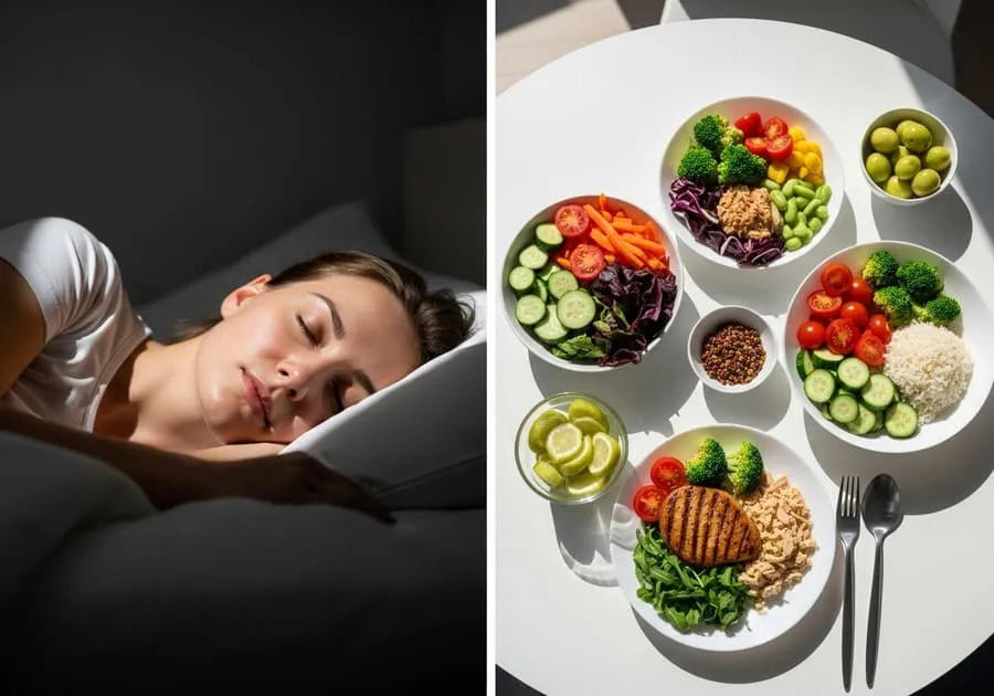 Pessoa dormindo bem e refeição saudável pós-treino para recuperação muscular.