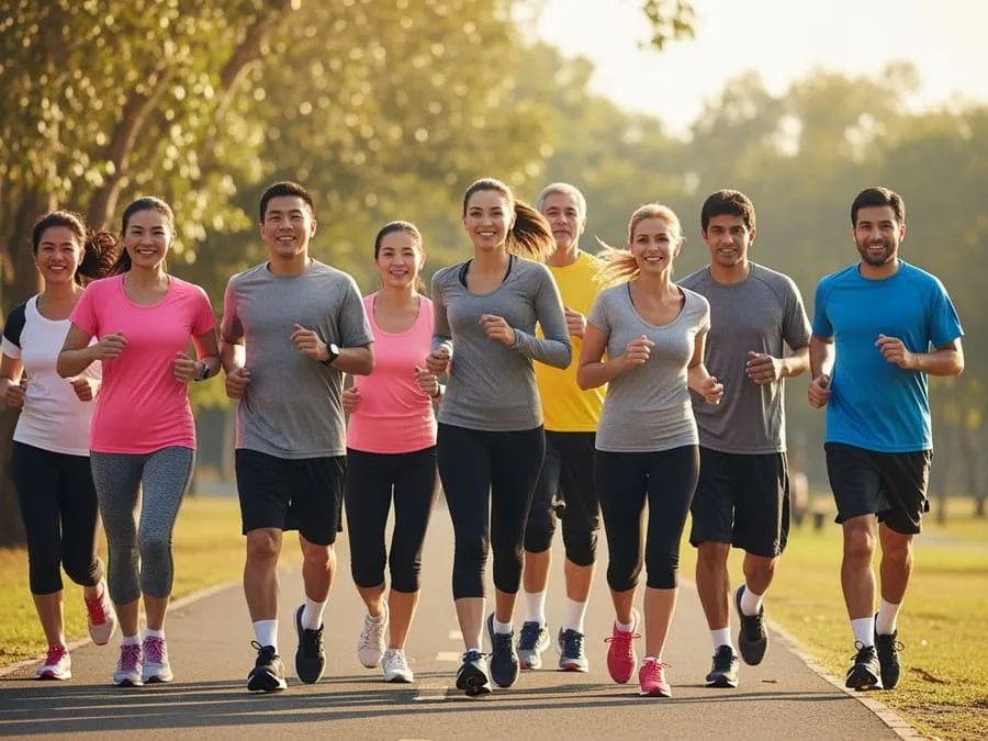Grupo de corredores iniciantes correndo juntos em parque durante o nascer do sol, demonstrando boa forma e postura relaxada