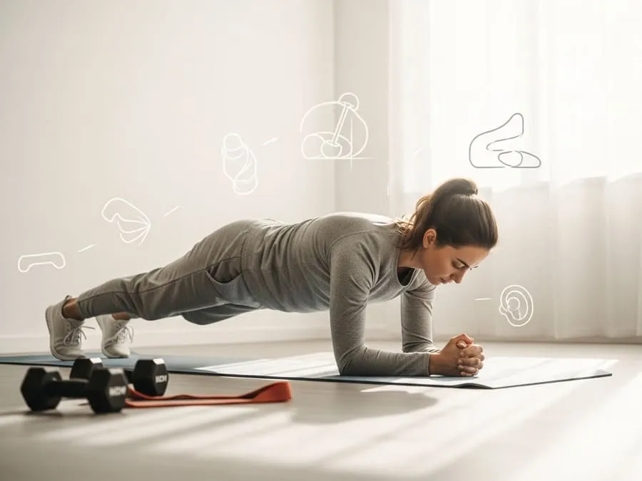erros de corredores. Pessoa fazendo exercício de prancha em casa, demonstrando fortalecimento muscular para corredores iniciantes