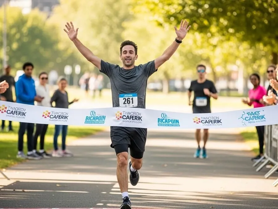 Corredor cruzando linha de chegada com braços erguidos em celebração, demonstrando conquista pessoal na corrida