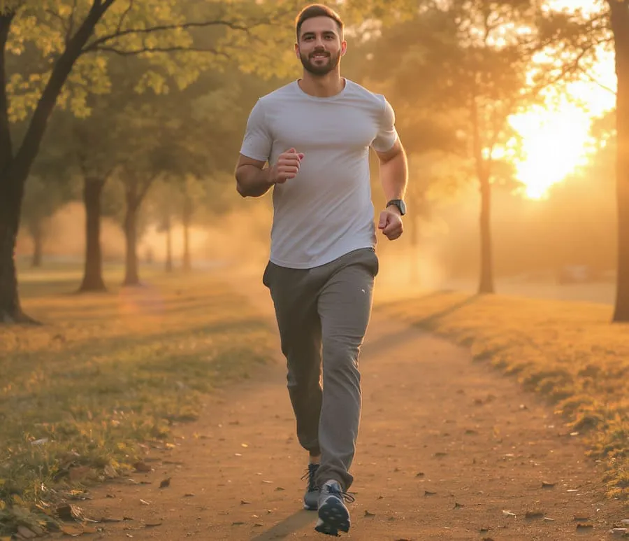 Fotografia de uma pessoa caminhando energeticamente em um parque ao amanhecer, com roupas de exercício confortáveis, árvores verdes e céu alaranjado ao fundo.