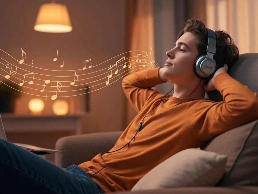Pessoa jovem relaxando com fones de ouvido, ouvindo música de forma segura em um ambiente aconchegante.