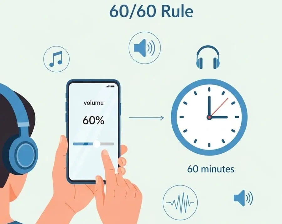 Proteger audição com fones . Ilustração mostrando a Regra 60/60: volume em 60% e pausas a cada 60 minutos.
